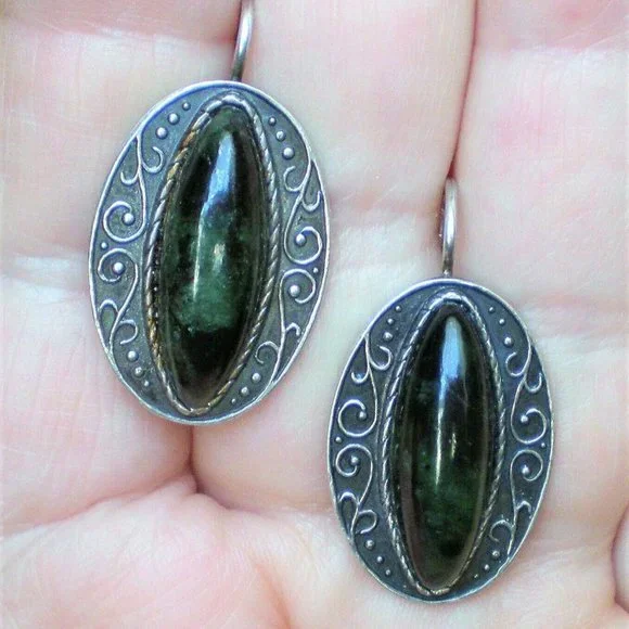 LARGE Antique Vintage Russian USSR Silver 875 Nephrite Jade Dangle Drop Earrings